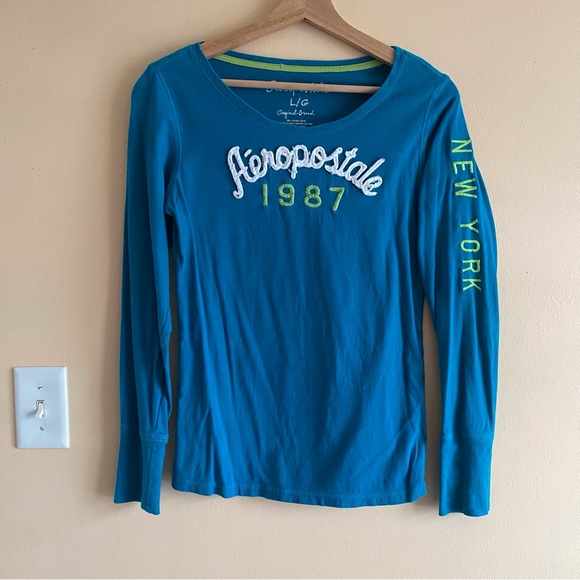 Y2K Aeropostale Long Sleeve Tee Shirt Woman Large Blue Spellout Streetwear - Picture 2 of 14